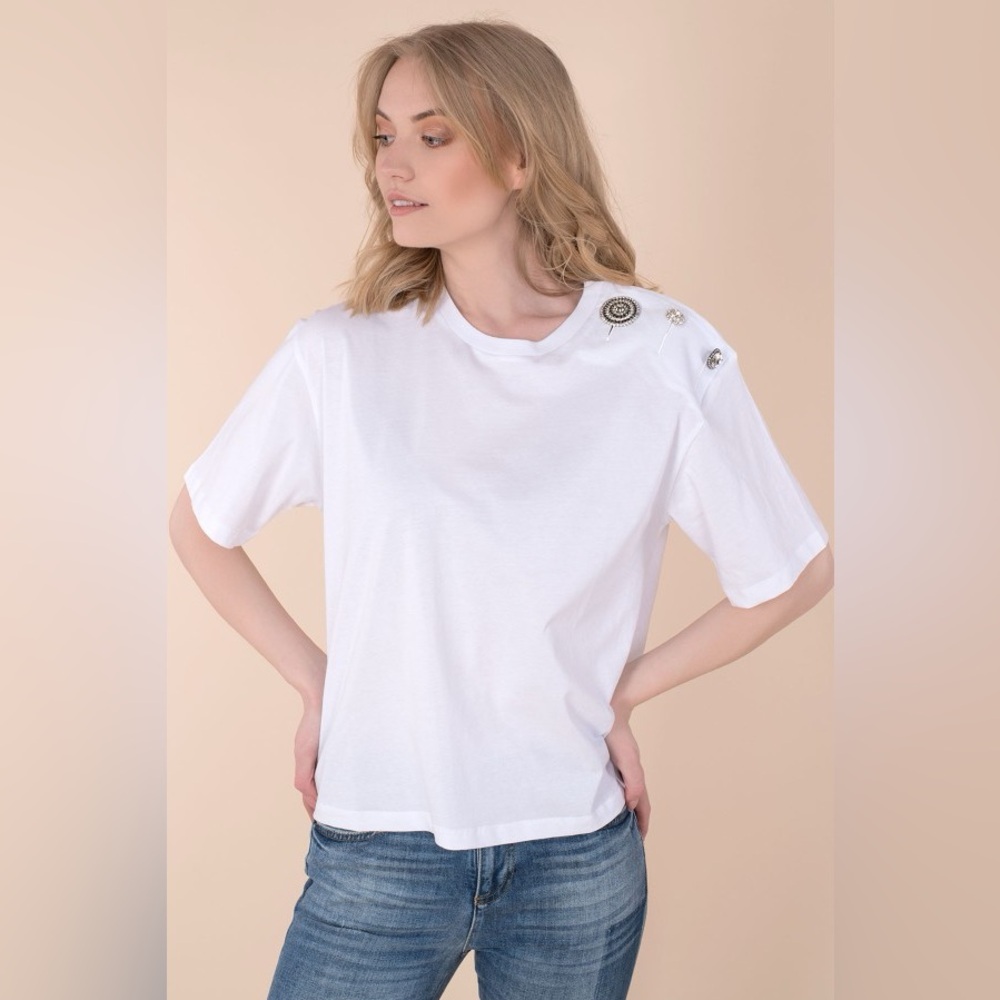 Frogbox White Cotton Embellished Shoulder Tee Size Small Oversized Fit